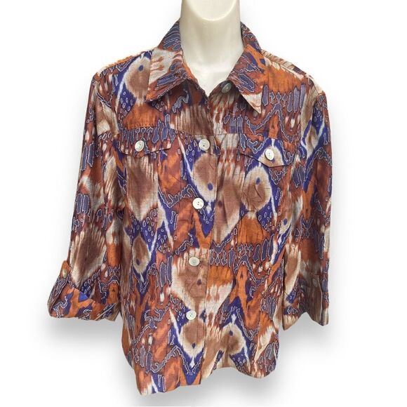 Ruby Rd Mesh Cutout Feather Ikat  Shell Button Flap Pocket Tab Sleeve Blouse - Picture 5 of 16